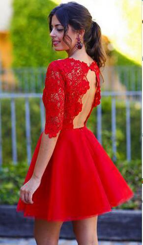 Red Sexy Long sleeve open back lace homecoming prom dresses, Sweet 16 Dresses, CM0002