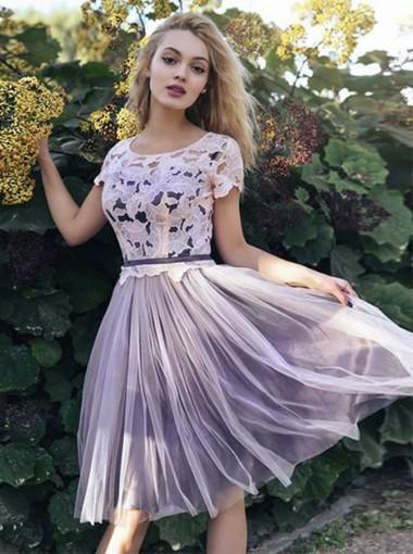 Pale Purple Short Sleeves Lace Cheap Short Homecoming Dresses Online, CM653