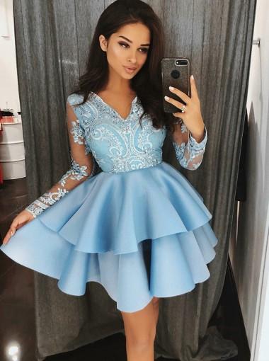 Long Sleeves Blue Lace Cheap Short Homecoming Dresses Online, CM617