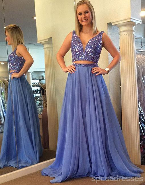 Sexy Two Pieces V Neckline Lavender Tulle Long Evening Prom Dresses, Popular Cheap Long Custom Party Prom Dresses, 17340