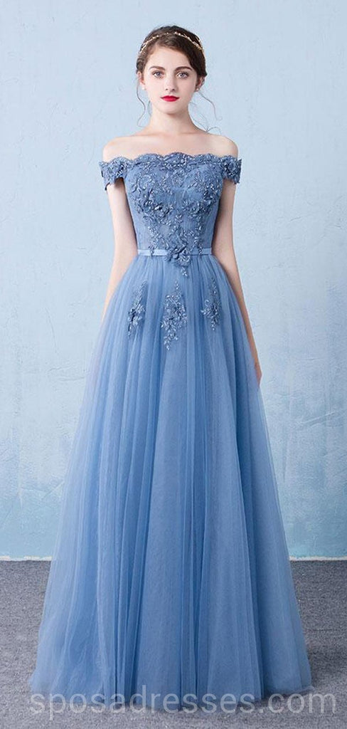 Off Shoulder Dusty Blue Long Evening Prom Dresses, Cheap Custom Party Prom Dresses, 18591