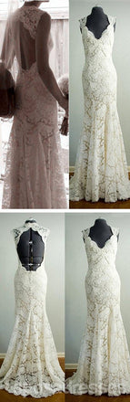 Vantage Beige Lace Open Back Long Mermaid Wedding Party Dresses, Bridal Gown, WD0042