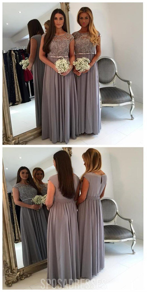 Modest Cap Sleeve Lace A Line Grey Floor-Length Chiffon Bridesmaid Dresses, WG44