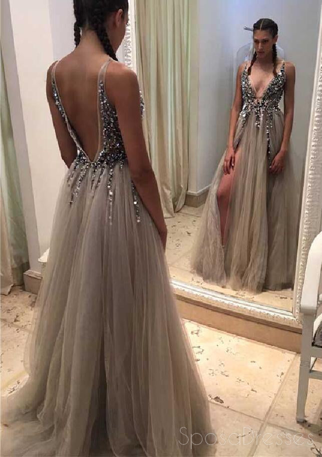Sexy Backless Beaded Evening Prom Dresses, Long Grey Tulle Party Prom Dress, 17022