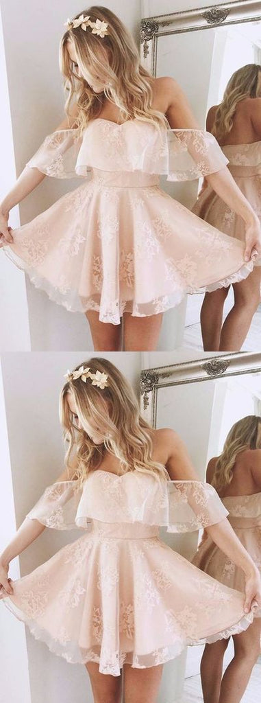 Cute Off Shoulder Lace Short Homecoming Dresses Online, CM540