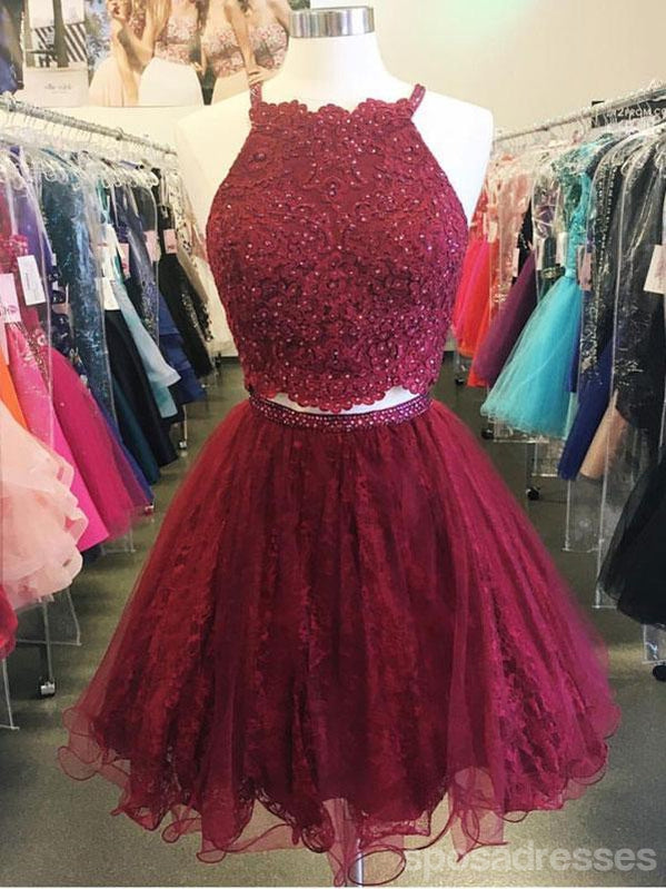 Two Piece Cheap Short Lace Beaded Dark Red Homecoming Dresses 2018, CM482