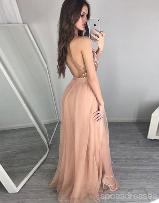 Sexy Deep V Neckline Backless Gold Sequin Long Evening Prom Dresses, Popular Cheap Long 2018 Party Prom Dresses, 17273