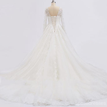 Long Sleeve Lace Beaded See Through A line Wedding Bridal Dresses, Affordable Custom Made Wedding Bridal Dresses, WD264