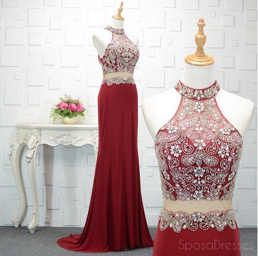 Sexy Two Pieces Red Mermaid Beaded Long Evening Prom Dresses, Popular Cheap Long 2018 Party Prom Dresses, 17299