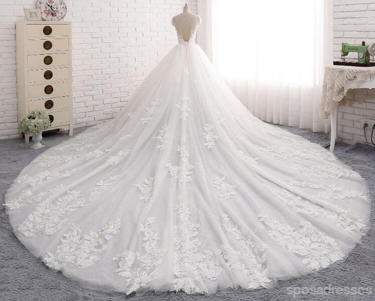 Sexy Open Back Cap Sleeve Long Tail Lace Wedding Bridal Dresses, Custom Made Wedding Dresses, Affordable Wedding Bridal Gowns, WD240