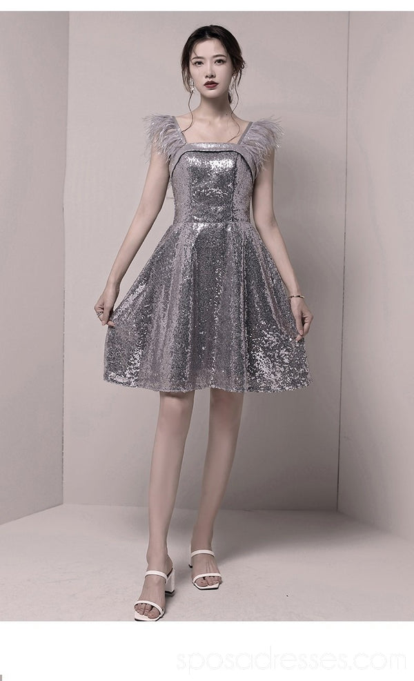 Feather Straps Silver Sequin Sparkly Cheap Homecoming Dresses Online
