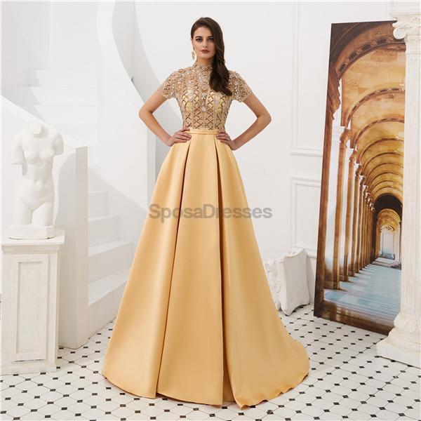 See Through Short Sleeves High Neck Beaded Evening Prom Dresses, Evening Party Prom Dresses, 12080