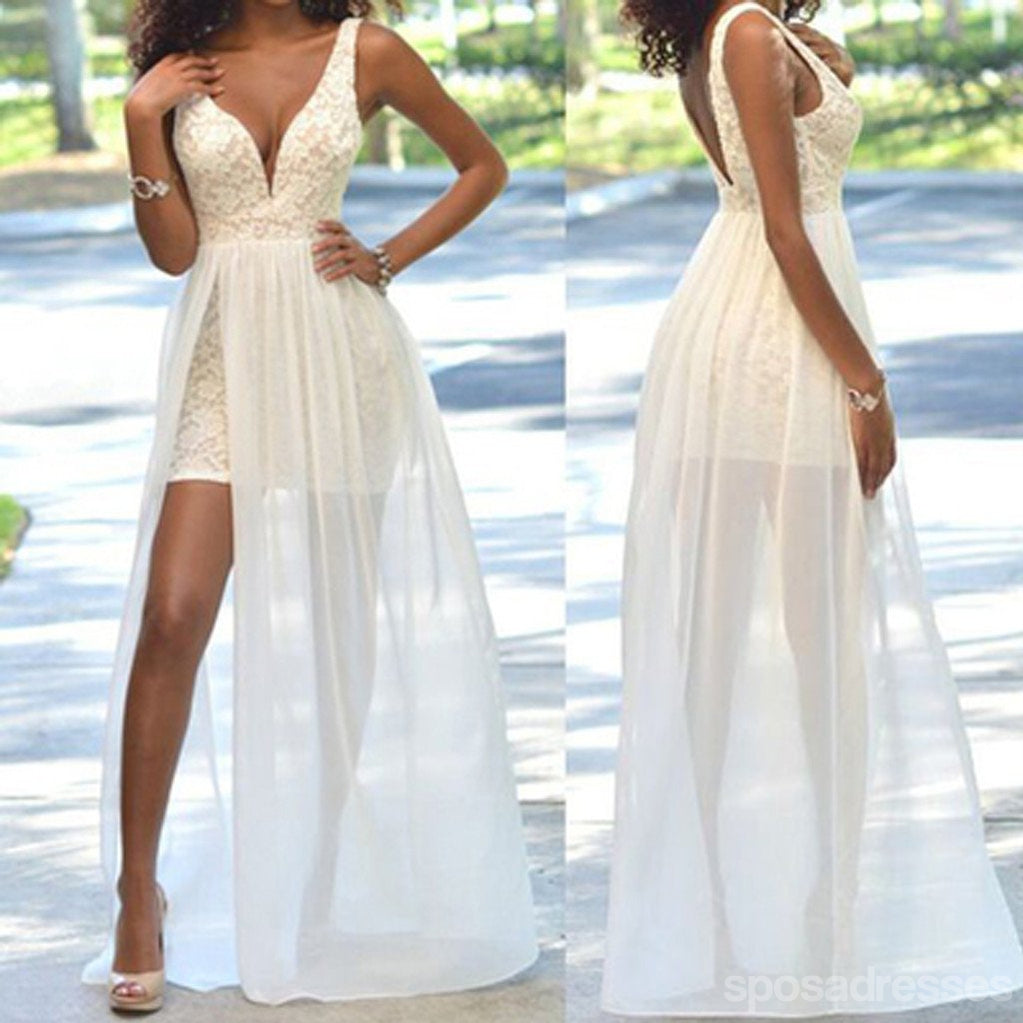 Cheap Popular Simple Ivory Lace Side Slit Chiffon Wedding Party Dresses, WD0048