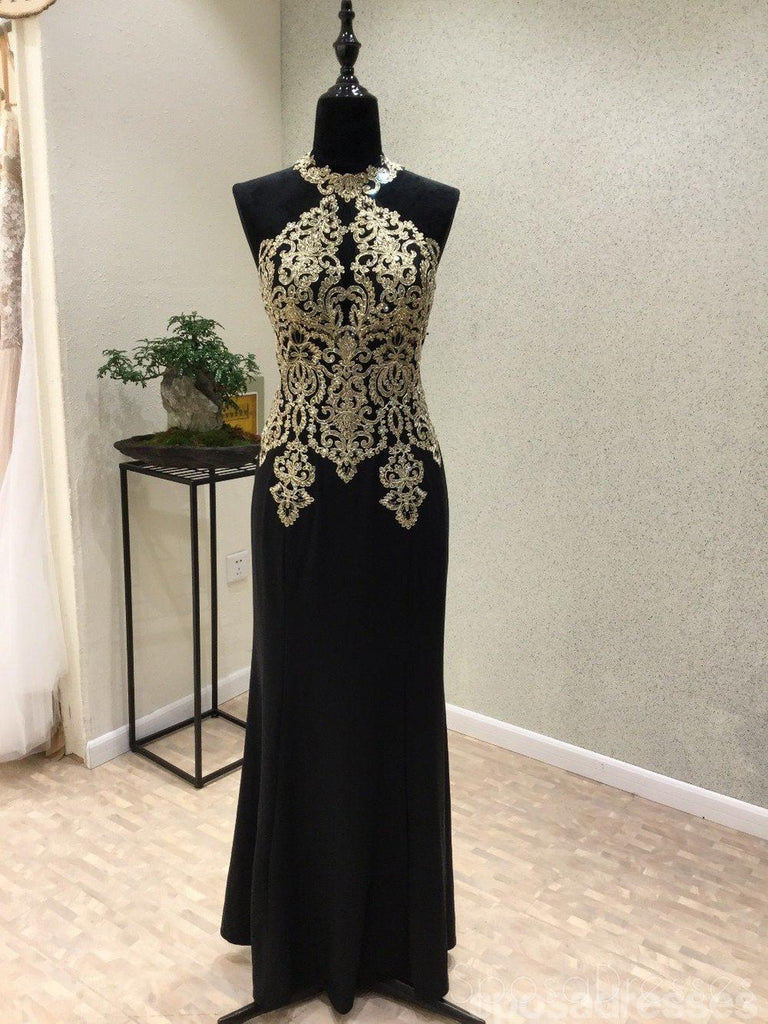 Black Halter Mermaid Gold Lace Beaded Evening Prom Dresses, Popular Bl SposaDresses Black Halter Mermaid Gold Lace Beaded Evening Prom Dresses, Popular Bl SposaDresses