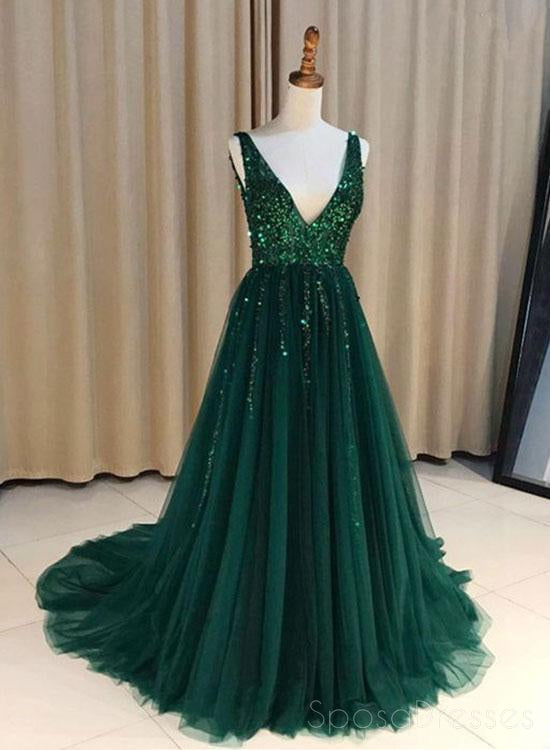 V Neck Emerald Green Tulle A line Long Custom Evening Prom Dresses, 17 – SposaDresses