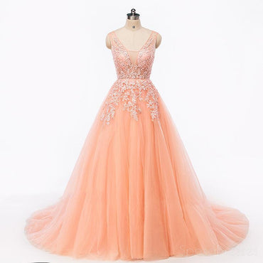 Sexy Backless V Neckline Lace A line Peach Long Evening Prom Dresses, Popular Cheap Long 2018 Party Prom Dresses, 17227
