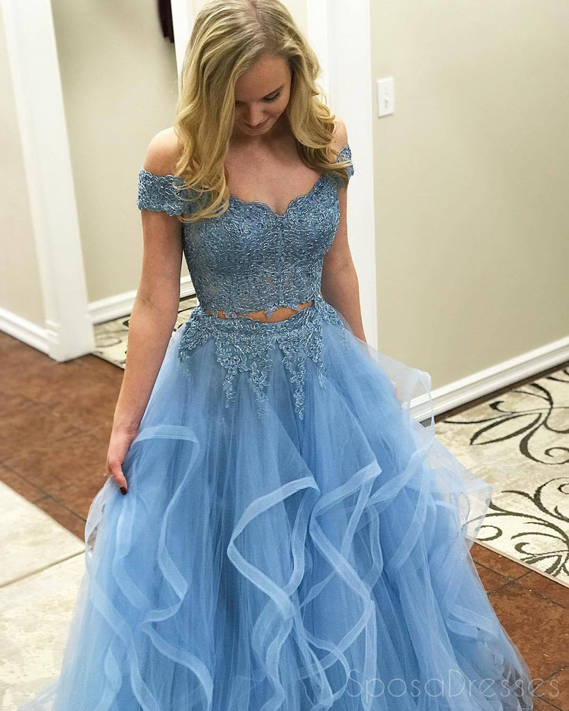 Off Shoulder Two Pieces Light Blue A line Long Evening Prom Dresses, Popular Cheap Long Custom Party Prom Dresses, 17318