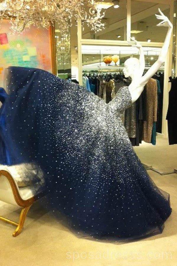 Strapless Navy Sparkly A-line Long Evening Prom Dresses, Cheap Custom – SposaDresses