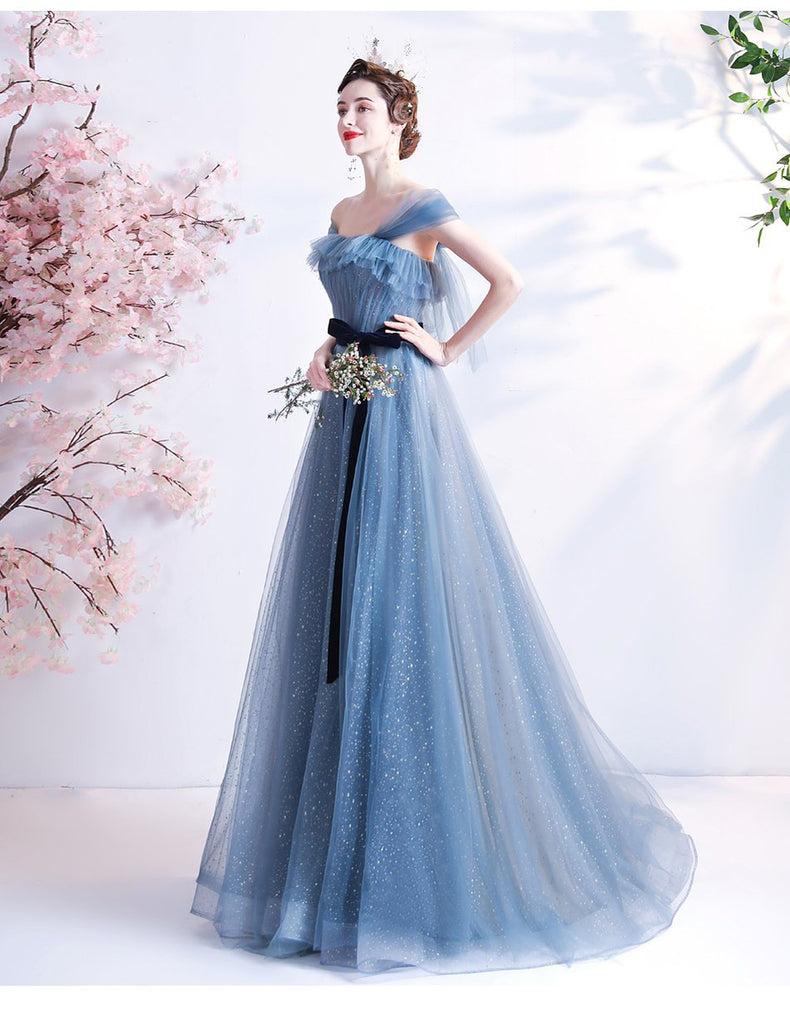 Blue A-line Off Shoulder Long Party Prom Dresses, Cheap Dance Dresses,12541