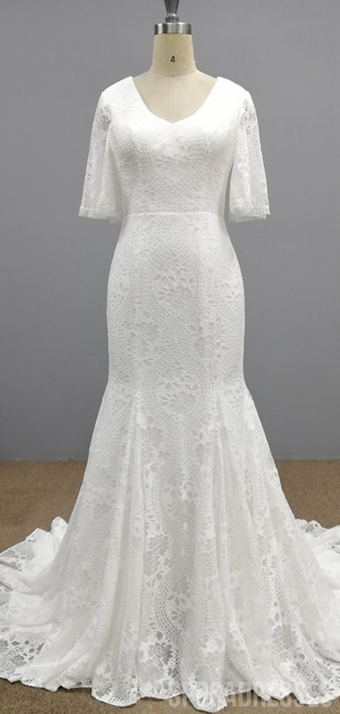 1/2 Long Sleeves Lace Mermaid Wedding Dresses, Cheap Wedding Gown, WD677
