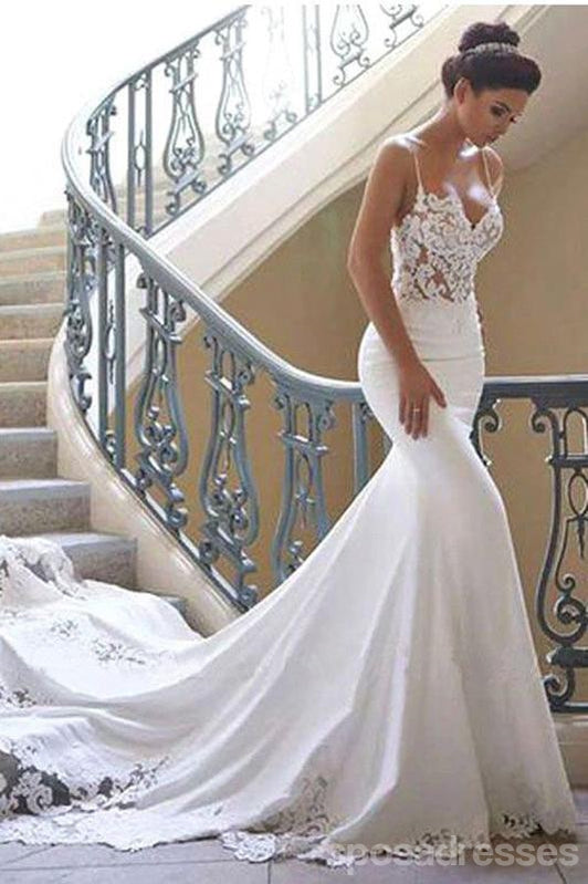 Sexy Long Mermaid See Through Spaghetti Straps Lace Wedding Dresses,,WD744