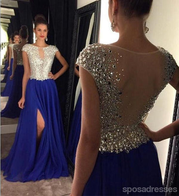Royal Blue See Through Rhinestone Beaded Prom Dress, Cheap Long Prom Dresses, 17004