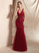 Dark Red V Neck Backless Beaded Mermaid Evening Prom Dresses, Evening Party Prom Dresses, 12065