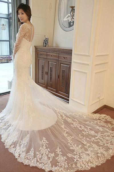 Affordable Custom Made Mermaid Long Sleeve Lace Wedding Dresses, WD0092