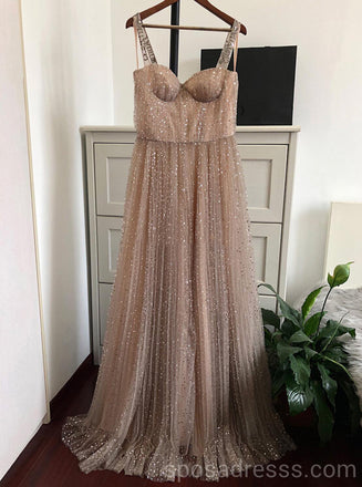 Straps Sparkly Gold A-line Long Evening Prom Dresses, Cheap Custom Sweet 16 Dresses, 18569