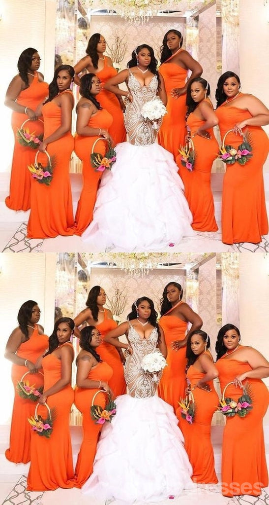 Orange Mermaid One Shoulder Cheap Long Bridesmaid Dresses,WG1521