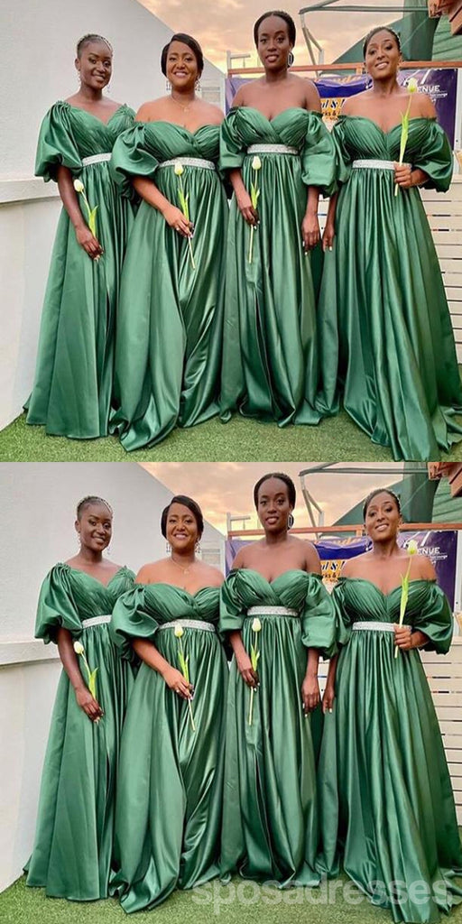 Green A-line Off Shoulder Half Sleeves Cheap Long Bridesmaid Dresses,WG1625