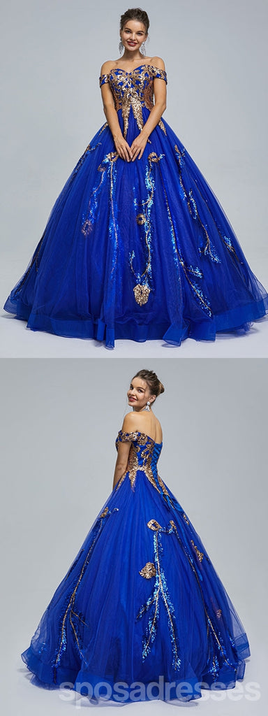 Blue A-line Off Shoulder Sleeveless Cheap Long Prom Dresses Online,13053