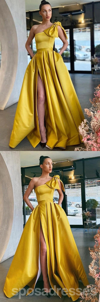 Yellow A-line One Shoulder High Slit Cheap Long Prom Dresses Online,12811
