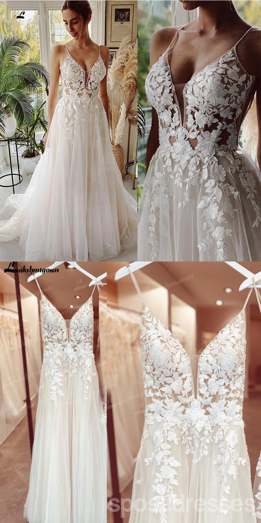 Ivory A-line Spaghetti Straps V-neck Handmade Lace Wedding Dresses,WD787