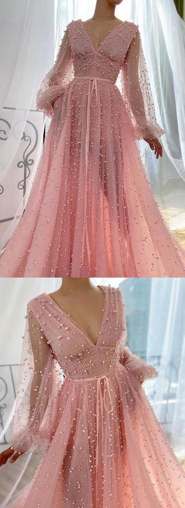 Cute Pink A-line V-neck Long Sleeves Maxi Long Party Prom Dresses,13276
