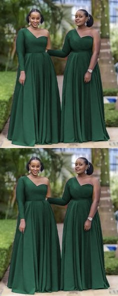 Green A-line One Shoulder Long Sleeves Cheap Bridesmaid Dresses,WG1434