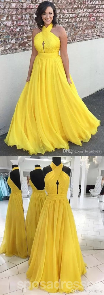 Yellow A-line Chiffon Halter Cheap Long Bridesmaid Dresses Online,WG1335