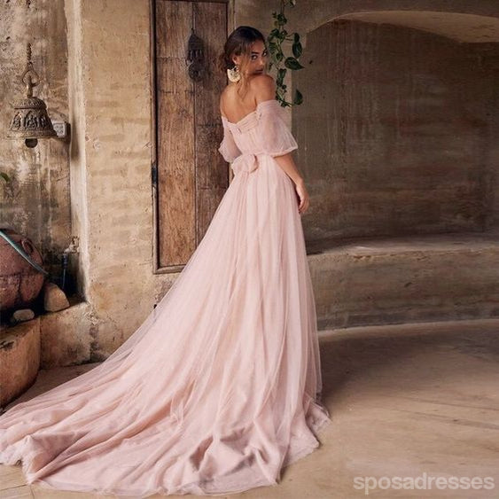Elegant Pink A-line Short Sleeves Off Shoulder Maxi Long Prom Dresses,13269