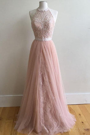 2018 Blush Pink Halter Lace Beaded Long Custom Evening Prom Dresses, 17412