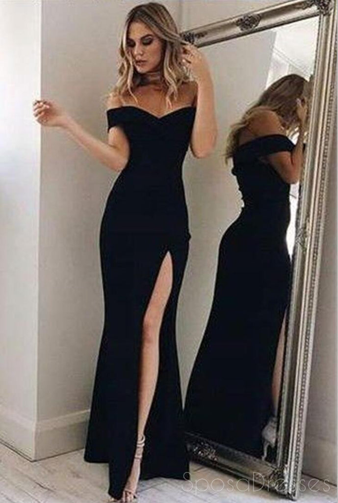 Sexy Cheap Simple Off Shoulder Side Slit Black Mermaid Long Evening Prom Dresses, 17389