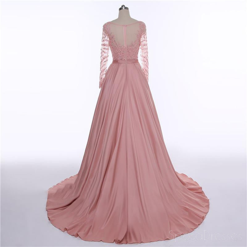 Long Sleeve See Through Heavily Beaded Dusty Pink Long Evening Prom Dresses, Popular Cheap Long 2018 Party Prom Dresses, 17228