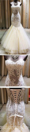 Sexy Ivory Lace Sweetheart See Through Mermaid Tulle Wedding Party Dresses, WD0051