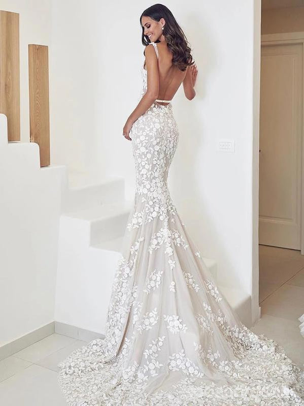 Long Mermaid Backless V-neck Spaghetti Straps Lace Wedding Dresses,WD745
