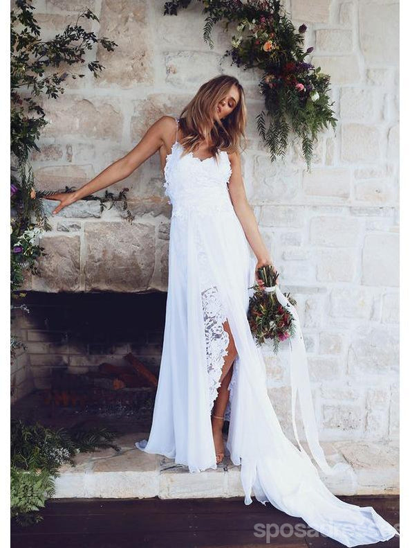 Spahgetti Straps V Neck Side Slit Simple Beach Wedding Dresses, WD327 SposaDresses Spahgetti Straps V Neck Side Slit Simple Beach Wedding Dresses, WD327 SposaDresses