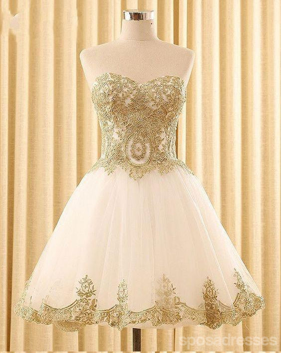 white and gold homecoming dress Sheath Halter Lace Appliqued Mini Sexy Dresses APD2772 SheerGirl length design is adorned with beautiful lace appliques for a timeless look Cute floral girls homecoming dress.