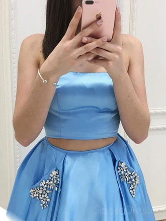 Sexy Two Pieces Strapless Blue A-line Custom Long Evening Prom Dresses, 17383