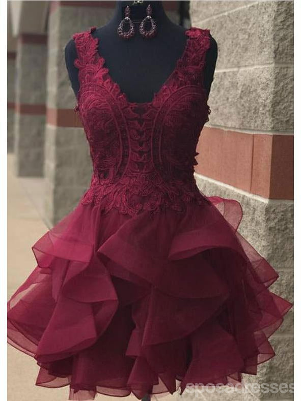V Neck Burgundy Lace Short Cheap Homecoming Dresses Online, CM579