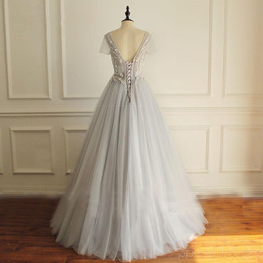 Sexy See Through A line Beaded Gray Long Evening Prom Dresses, Popular Cheap Long 2018 Party Prom Dresses, 17223