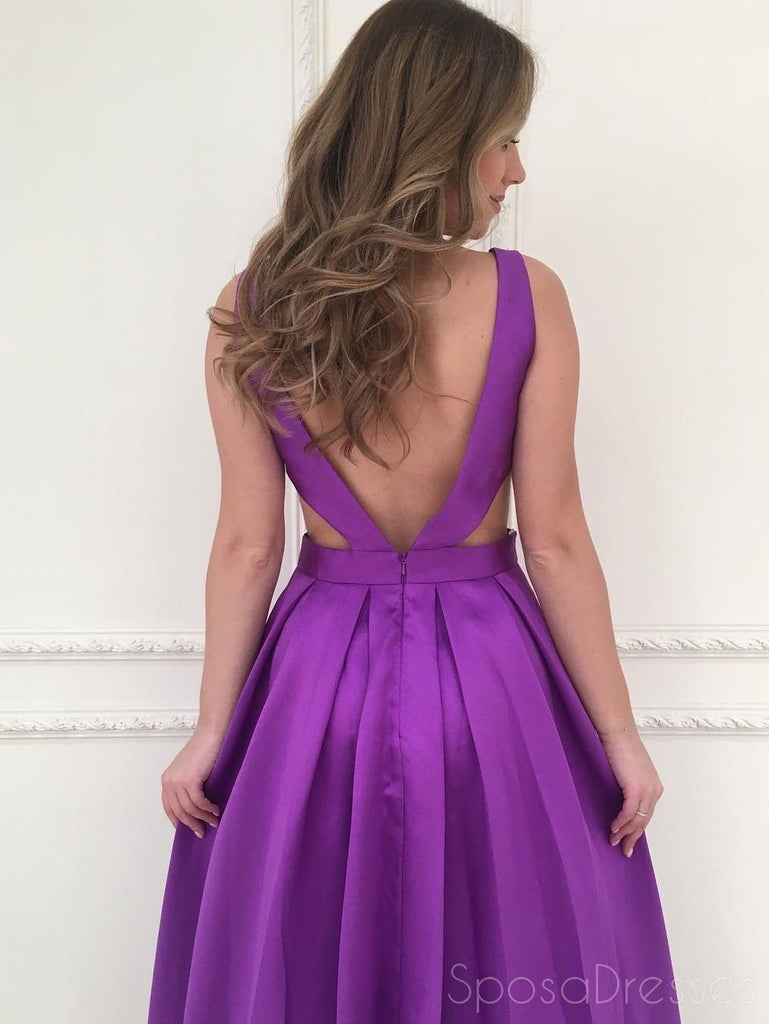 Simple Affordable Sexy Backless V Neck Purple Long Custom Evening Prom Dresses, 17392