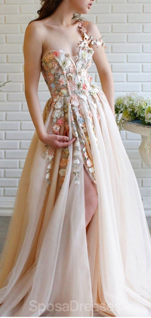 Cute One Shoulder Lace Flower Long Cheap Evening Prom Dresses, Evening Party Prom Dresses, 12351